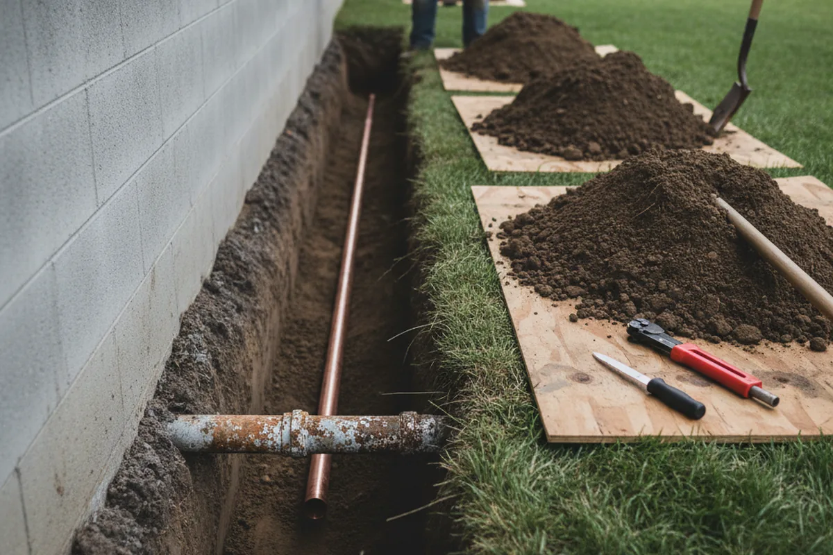 Excavated water line trench during Water Softener Installation in Swayzee